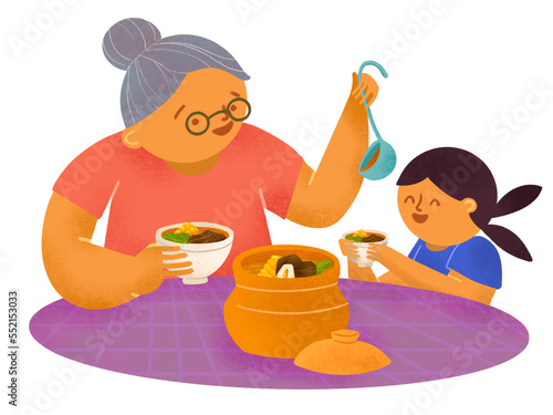 Filipino grandmother and granddaughter sharing bulalo in palayok