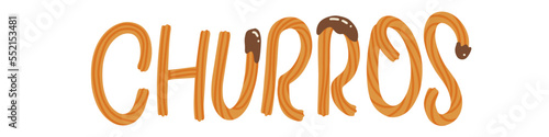 Churros - and drawn lettering word made with churros sticks and chocolate sauce. Vector flat illustration.