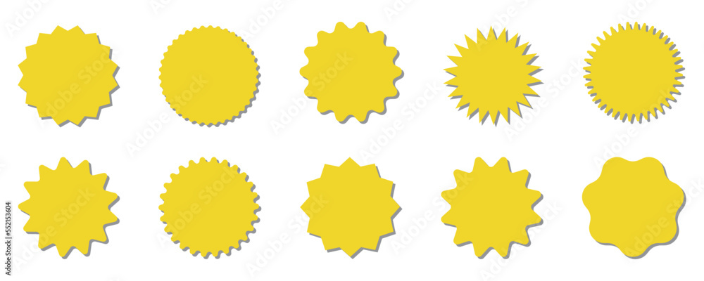 Starburst yellow sticker set - collection of special offer sale round shaped sunburst labels and badges isolated on white background. Circle stickers or buttons in form of star for promo advertising. Starburst yellow sticker set - collection of special offer sale round shaped sunburst labels and badges isolated on white background. Circle stickers or buttons in form of star for promo advertising.
