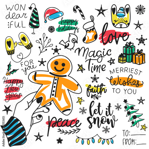 Gingerbread in hand  holiday decoration sticker set  holiday doodle set