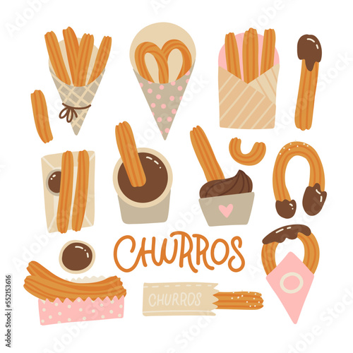 Churros set . Mexican chocolate confection. Churro food in different packages. Flat hand drawn vector illustration.