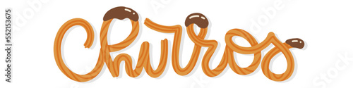 Churros - lettering text made of churros sticks with chocolate sauce. Vector flat hand drawn illustration.