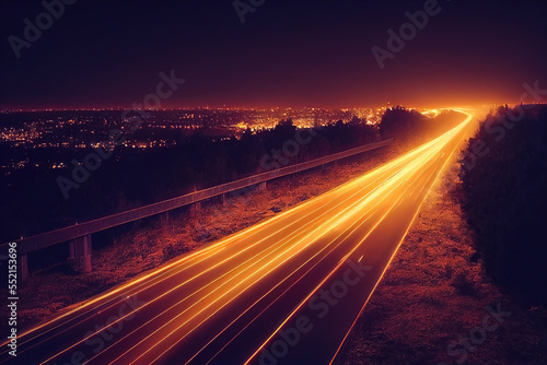 A golden night scene with speed lights on a highway heading towards a lit city. Dark night sky.