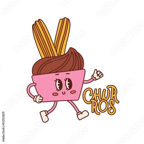 Retro cartoon style churros character isolated. Chocolate dip 50s sweets character. Vector contour hand drawn illustration.