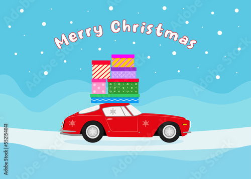 Merry Christmas design. Christmas car with gift boxes.  Color vector illustration in cartoon flat style.