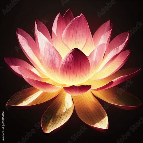 A glowing pink lotus flower against a dark background. 