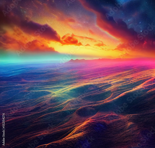 A fantasy alien landscape with rocky peaks and vibrant colorful galaxy sky. Dreamy rainbow concept art. photo