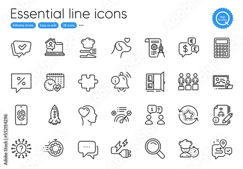 Fingerprint, Correct answer and Calculator line icons. Collection of Rocket, Divider document, Friend icons. Loyalty points, Open door, Interview web elements. Puzzle, Photo studio, Seo timer. Vector