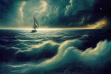 A magnificent ocean with a sailing boar and an epic galaxy sky. Night sea with waves and stars.