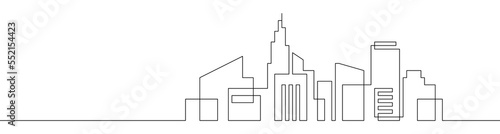 Continuous line city building. One single outline cityscape continuous construction. Editable stroke building background. Vector illustration.
