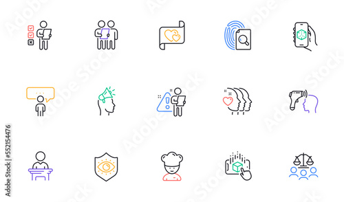 Brand ambassador, Survey and Search employee line icons for website, printing. Collection of Love letter, Augmented reality, Court jury icons. Consulting business, Election candidate. Vector