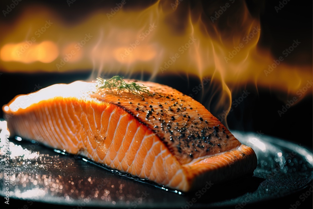 Medium Close Up of Salmon steak grill with juicy sauce and lemon slice
