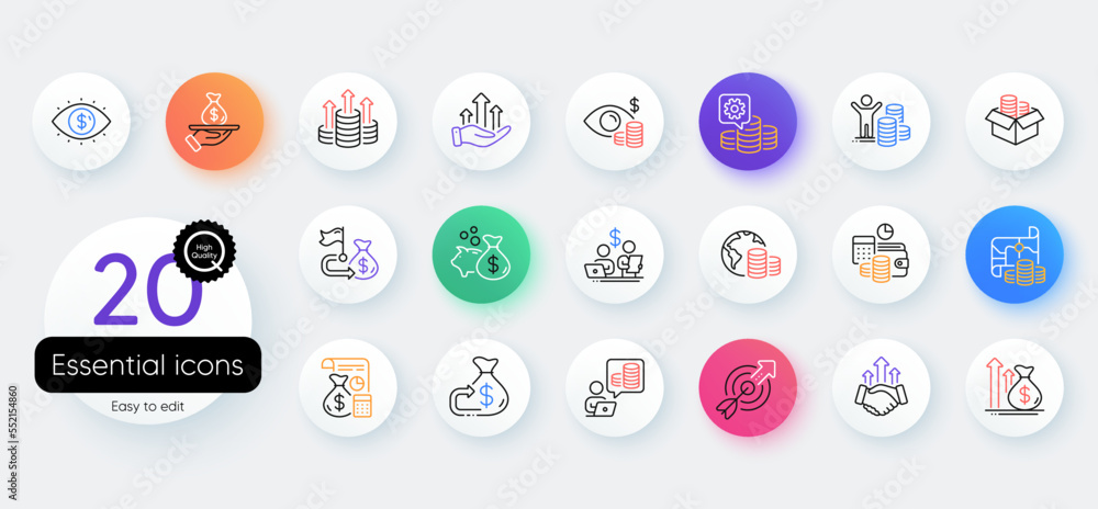 Finance line icons. Bicolor outline web elements. Accounting coins, Budget Investment, Trade Strategy icons. Finance management, Budget gain and Business asset. Vector Finance line icons. Bicolor outline web elements. Accounting coins, Budget Investment, Trade Strategy icons. Finance management, Budget gain and Business asset. Vector