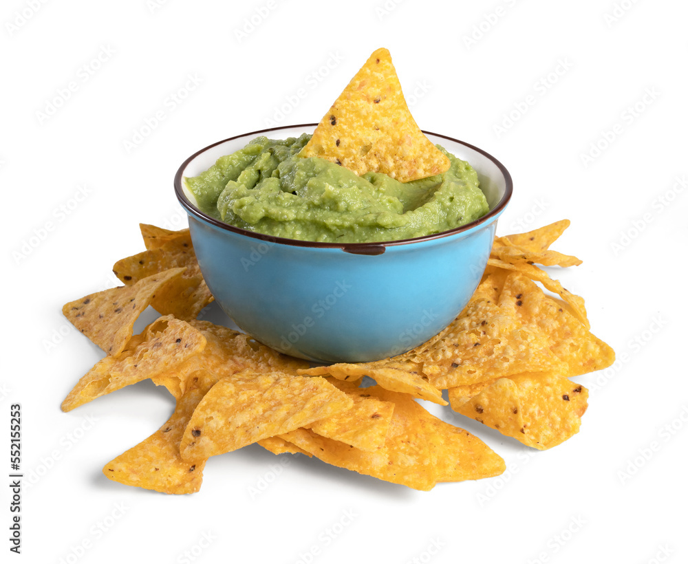 bowl with guacamole and nachos isolated on the white background bowl with guacamole and nachos isolated on the white background