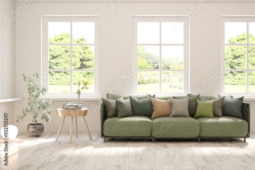 White living room with sofa and summer landscape in window. Scandinavian interior design. 3D illustration