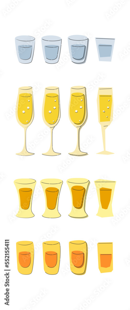 Vodka champagne tequila rum shot glass on white background. Cartoon sketch graphic design. Doodle style. Colored hand drawn image. Party drink concept for party. Freehand drawing style Vodka champagne tequila rum shot glass on white background. Cartoon sketch graphic design. Doodle style. Colored hand drawn image. Party drink concept for party. Freehand drawing style
