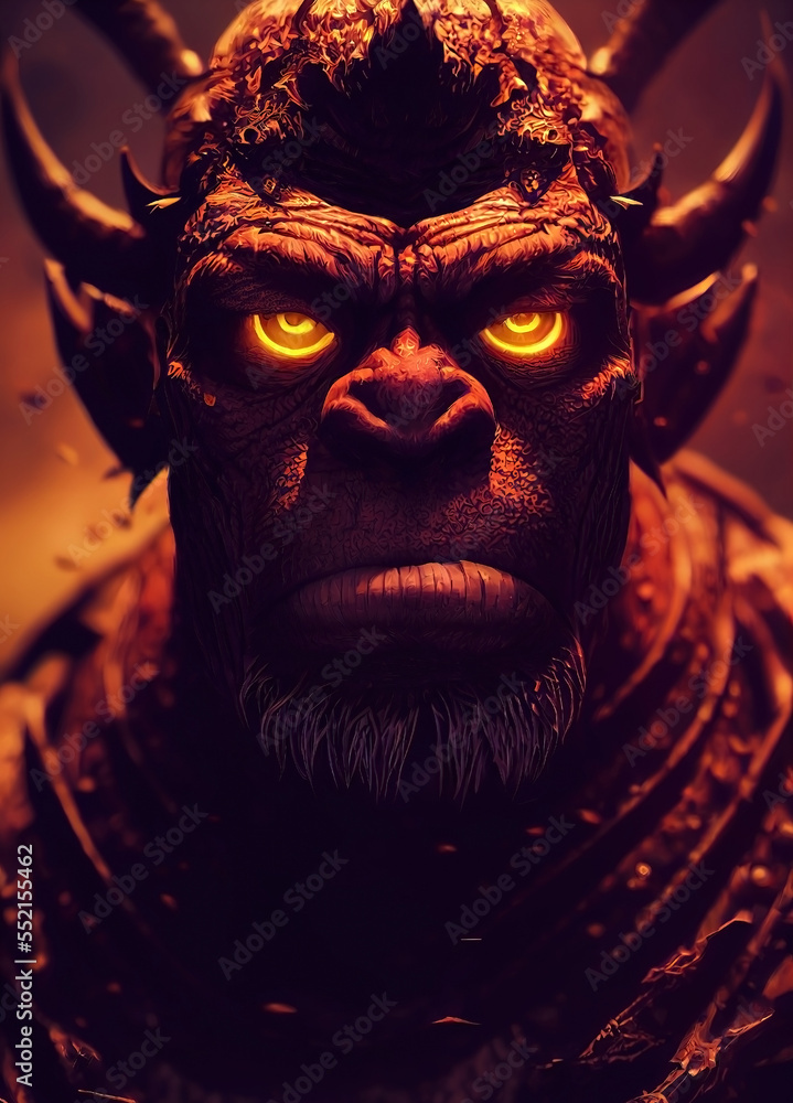 Angry looking orc troll mythological monster portrait. Horns and armor. Glowing eyes. Angry looking orc troll mythological monster portrait. Horns and armor. Glowing eyes.