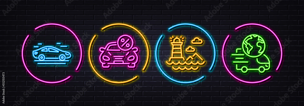 Lighthouse, Car leasing and Car minimal line icons. Neon laser 3d lights. Delivery service icons. For web, application, printing. Navigation beacon, Transport discount, Transport. Vector - obrazy, fototapety, plakaty 