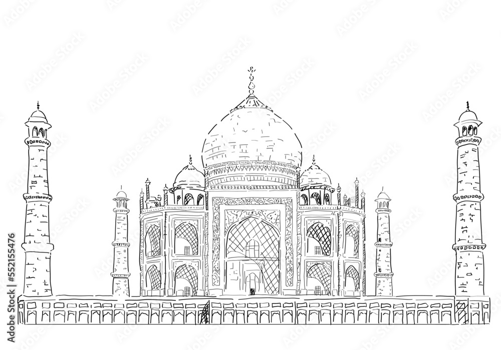 Taj Mahal, one of the 7 wonders of the world. Line illustration of the most famous temple in the world, perfect place for tourism and research