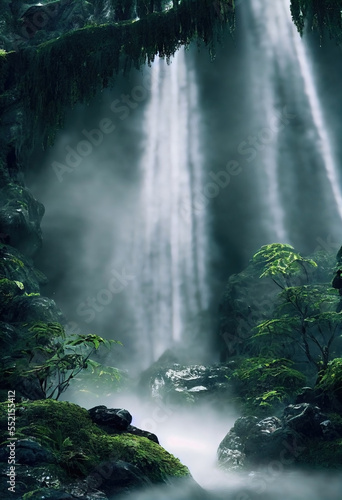 Vibrant green lush forest with mist and large waterfall. Trees and bushes. Rocky forest landscape.