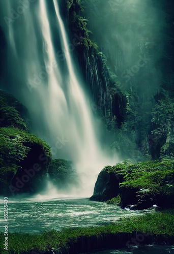 Vibrant green lush forest with mist and large waterfall. Trees and bushes. Rocky forest landscape.