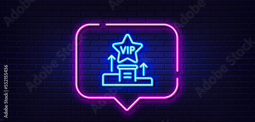 Neon light speech bubble. Vip podium line icon. Very important person star sign. Member club privilege symbol. Neon light background. Vip podium glow line. Brick wall banner. Vector