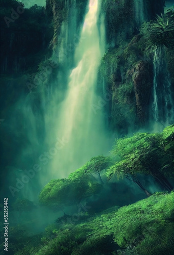Vibrant green lush forest with mist and large waterfall. Trees and bushes. Rocky forest landscape.