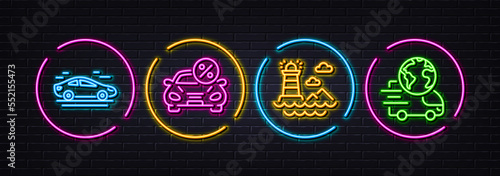Lighthouse, Car leasing and Car minimal line icons. Neon laser 3d lights. Delivery service icons. For web, application, printing. Navigation beacon, Transport discount, Transport. Vector