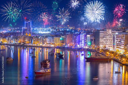 Canvas Print Fireworks display over the Sliema harbor on Malta.