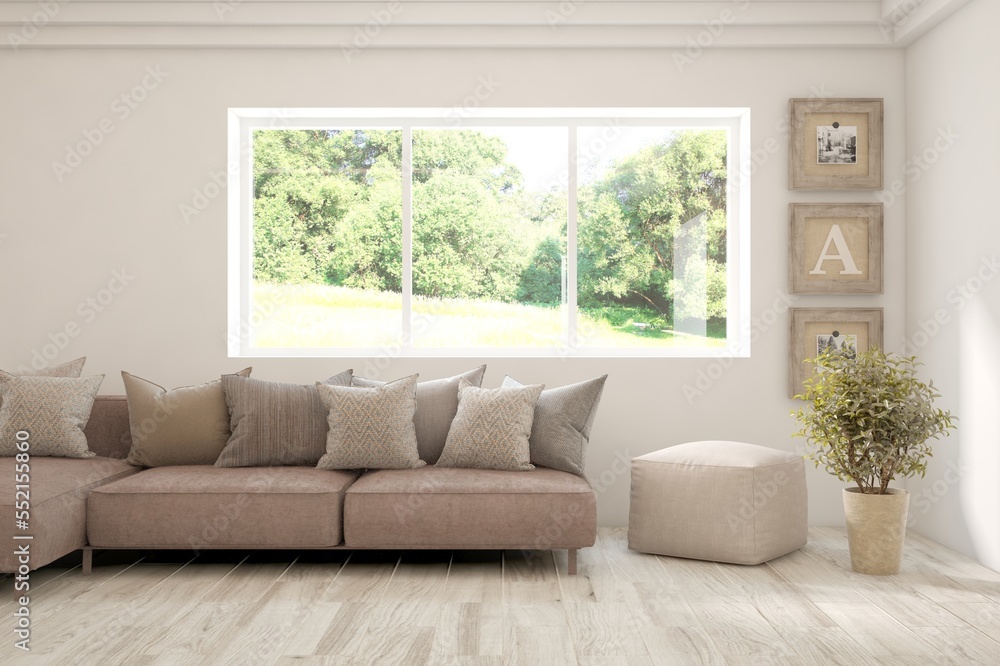 White living room with sofa and summer landscape in window. Scandinavian interior design. 3D illustration White living room with sofa and summer landscape in window. Scandinavian interior design. 3D illustration