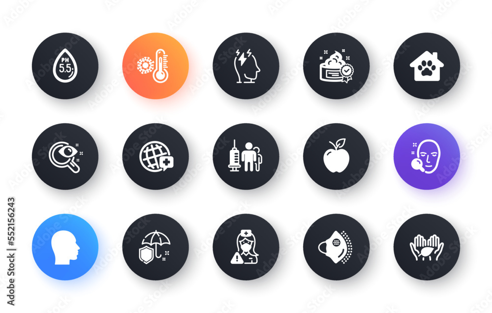Minimal set of Medical vaccination, Ph neutral and Pet shelter flat icons for web development. Nurse, Head, Umbrella icons. World medicine, Thermometer, Medical mask web elements. Vector Minimal set of Medical vaccination, Ph neutral and Pet shelter flat icons for web development. Nurse, Head, Umbrella icons. World medicine, Thermometer, Medical mask web elements. Vector