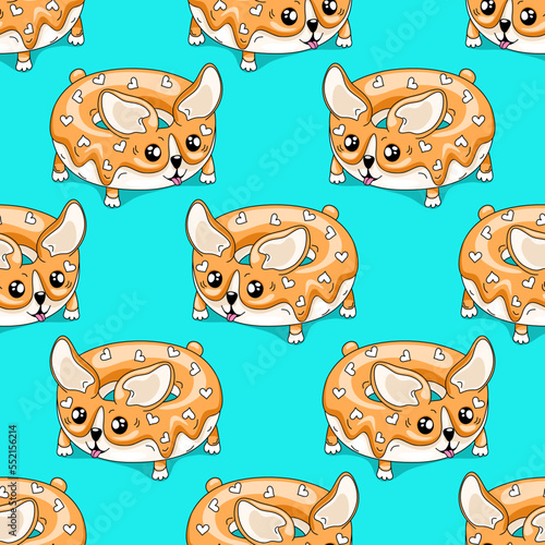 Cute corgi dog donuts on blue background. Seamless pattern.Texture for fabric, wrapping, wallpaper