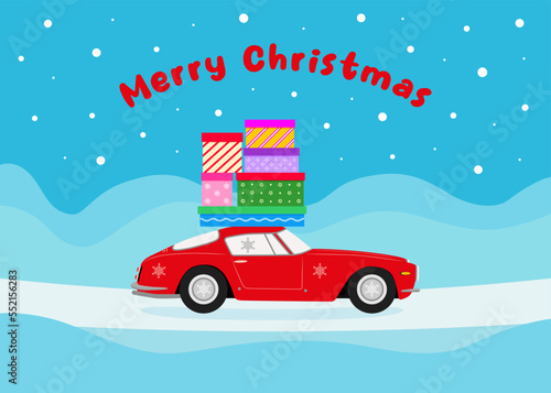 Merry Christmas design. Christmas car with gift boxes. Color vector illustration in cartoon flat style.