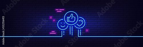 Neon light glow effect. Social media like line icon. Thumbs up sign. Positive smile and heart feedback symbol. 3d line neon glow icon. Brick wall banner. Like outline. Vector