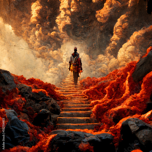 walking up a stairway to heaven, surrounded by river of lava, extremely beautiful sky, very hot sun, apocalypse, hyper detailed, cinematic art creator, hyper detailed, insane detail, int