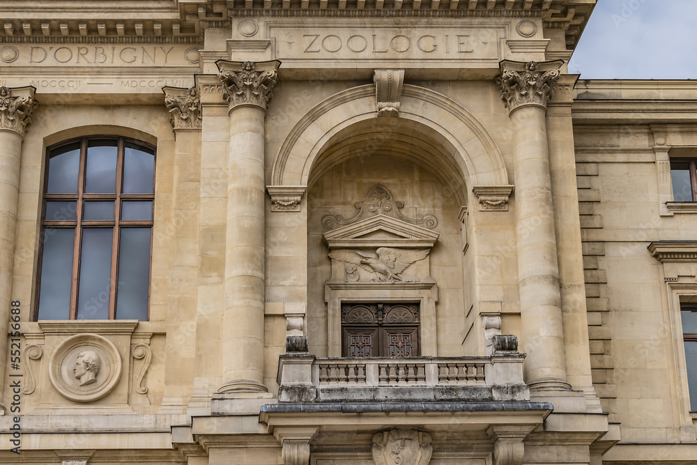 Architectural details of old Paris buildings: “Grand Gallery of the Evolution” - imposing Renaissance-revival building, built in 1889. Paris. France.