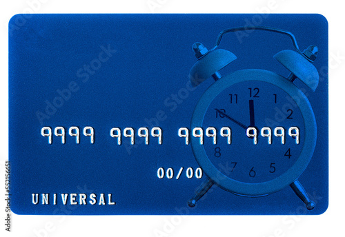 debit, credit card with clock design closeup photo