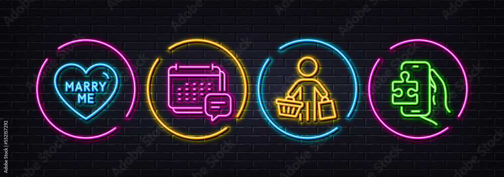 Marry me, Buyer and Message minimal line icons. Neon laser 3d lights. Puzzle game icons. For web, application, printing. Wedding, Shopping customer, Calendar notification. Phone jigsaw. Vector