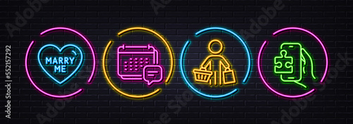 Marry me, Buyer and Message minimal line icons. Neon laser 3d lights. Puzzle game icons. For web, application, printing. Wedding, Shopping customer, Calendar notification. Phone jigsaw. Vector