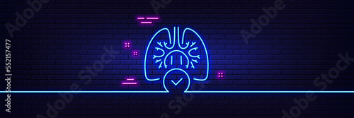 Neon light glow effect. Lungs line icon. Pneumonia disease sign. Respiratory distress symbol. 3d line neon glow icon. Brick wall banner. Lungs outline. Vector