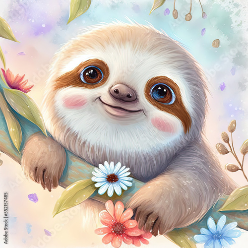 smiling sloth with flowers