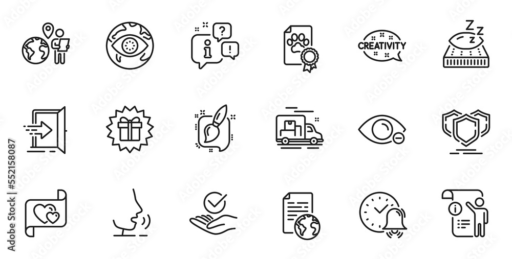 Outline set of Dog certificate, Alarm bell and Cyber attack line icons for web application. Talk, information, delivery truck outline icon. Include Approved, Manual doc, Myopia icons. Vector Outline set of Dog certificate, Alarm bell and Cyber attack line icons for web application. Talk, information, delivery truck outline icon. Include Approved, Manual doc, Myopia icons. Vector