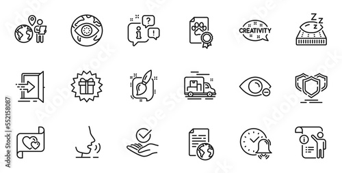 Outline set of Dog certificate, Alarm bell and Cyber attack line icons for web application. Talk, information, delivery truck outline icon. Include Approved, Manual doc, Myopia icons. Vector