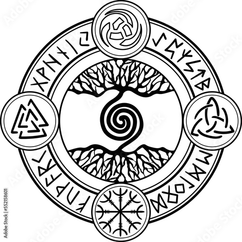Yggdrasil, the tree of life. Vikings symbol Odin,with futhark runes , YGGDRASIL PAGAN SYMBOLS AND NORSE RUNES