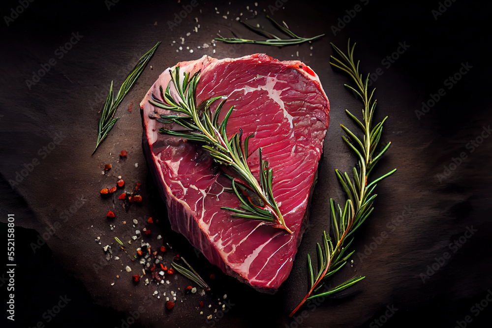 A photorealistic image of a beef steak. Top view with thymian, salt ...