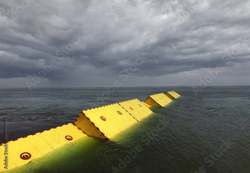 MOSE System in Venice, Italy at the sunset for defense against high waters. Barrier against the high water in the defense of Venice Lagoon. New generation of industrial flood prevention system.