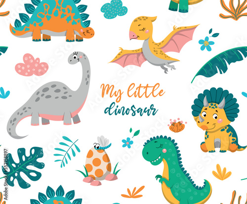 Dinosaurs seamless pattern. Repeating design element for printing on fabric. Animals BC and wild life. Charming characters  nature and fauna. Poster or banner. Cartoon flat vector illustration