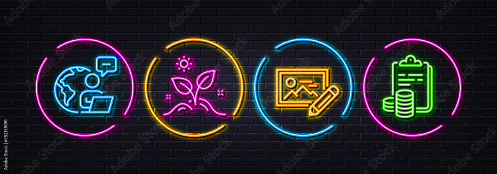 Grow plant, Photo edit and Outsource work minimal line icons. Neon laser 3d lights. Accounting icons. For web, application, printing. Leaves, Change image, Remote worker. Finance clipboard. Vector