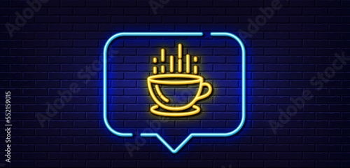 Neon light speech bubble. Coffee cup line icon. Hot tea drink sign. Hotel service symbol. Neon light background. Coffee cup glow line. Brick wall banner. Vector
