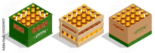 Isometric Drink crate with beer bottles. Isolated beer pack, alcoholic drink